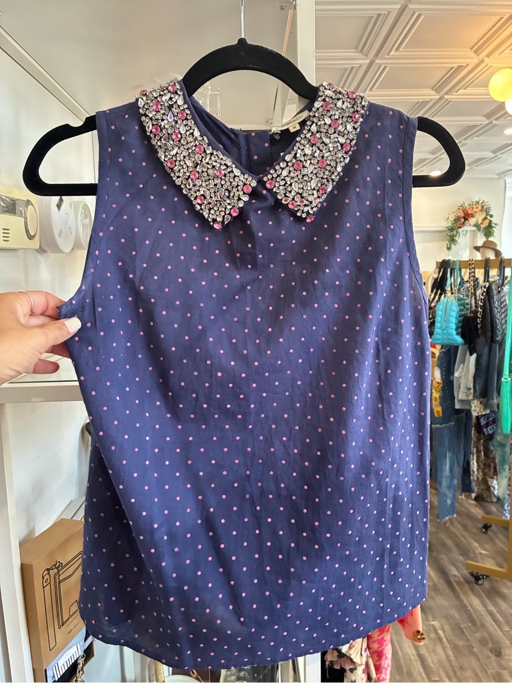 Manoush Beaded Peter Pan Collar Navy Pink Polka Dot Sleeveless Camisole